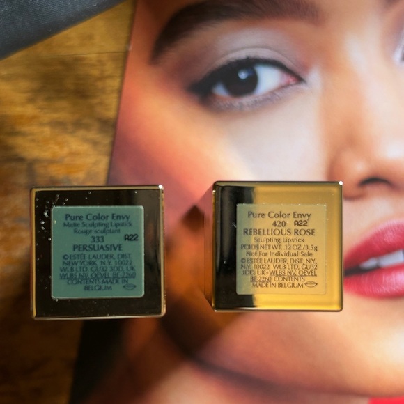 2 Estee Lauder Pure Color Envy Lipsticks and satin navy bag - Picture 2 of 5